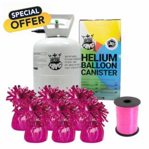 Small Helium Canister with Curling Ribbon and 6 Foil Balloon Weights (Hot Pink