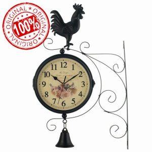 SHITOOMFE Outdoor Wall Clock Garden Decorative Double Sided Bracket Clock Retro Hanging Clock Iron Art Craft with Rooster Bell wall clock