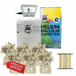 Small Helium Canister with Curling Ribbon and 6 Foil Balloon Weights (Gold