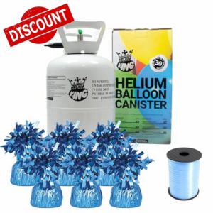 Small Helium Canister with Curling Ribbon and 6 Foil Balloon Weights (Light Blue