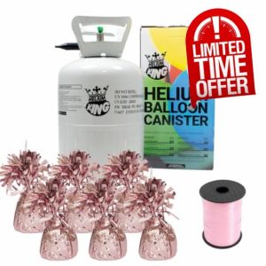Small Helium Canister with Curling Ribbon and 6 Foil Balloon Weights (Baby Pink