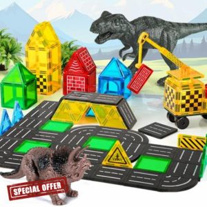 Magnetic Tiles Road Building Blocks - Magnet Crane Car Set for Kids Montessori Preschool STEM Learning Construction Dinosaur Toddler Toys for 3 4 5 6 7 8+ Year Old Boys Girls Christmas Birthday Gifts