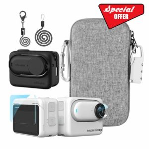 LEWOTE Accessories Kit Compatible with Insta360 GO 3S [Silicone Camera Case Cover and Lens Cap][2Pcs Screen Protector Film][Carrying Bag with Auto Locking Carabiner and Lock] (Black)