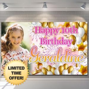 Personalised Happy Birthday Backdrop Background Banner Gold Flower Butterfly Poster Fabric Glitter Party Decorations girls children woma