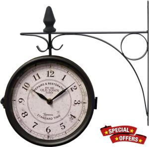 DEZYN - Outdoor Garden Wall Clock - Weather-Resistant Outside Hanging Vintage Clock - Double Sided Station Clock with Sturdy Mounting Arm for Home/Balcony/Garden/Yard/Patio and More