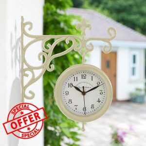 mysmartbuy.com York Station Wall Mounted Quartz Clock & Thermometer – Battery Powered Weatherproof Double-Sided Indoor Outdoor Home Garden Decoration – Cream