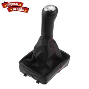 A ABSOPRO 5 Speed Manual Gear Shifter Knob with Cover for VW Polo 2001-2009 Plastic Faux Leather Gearbox Stick Shifter Lever Knob Black with Red Stitches