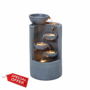 Serenity Four Bowl Cascading Water Feature With LED Lights 57 cm Tall Polyresin Stone-Effect Design Self Contained