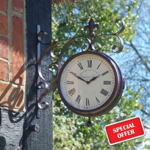 mysmartbuy.com Marylebone Station Wall Mounted Quartz Clock & Thermometer – Battery Powered Weatherproof Double-Sided Indoor Outdoor Home Garden Decoration – Copper