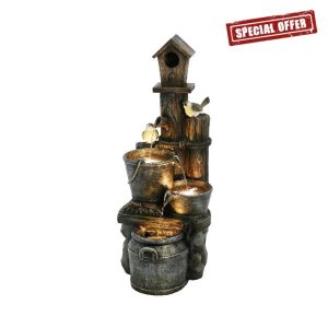 Serenity Bird House Water Feature: Cascading Tranquillity with 12 LED Illumination 89cm Tall 10m Cable- Self-Contained Garden Oasis Polyresin Construction 11kgs