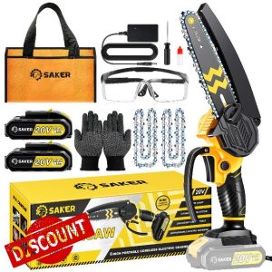 Saker Mini Chainsaw Cordless 6-Inch-Switch Security Lock-Cordless Power Chain Saws-Handheld Small Chainsaw for Cutting Wood Trimming and Woodworking- Mini Chain Saw Cordless with 2 Batteries
