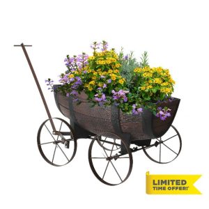 My Garden Wagon Planter Decorative Flower Pot Stand With Handle & Wheels Plants Half Barrel Wooden Cart Large Planter For Outdoor Indoor Ideal For Flowers & Shrubs
