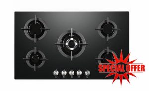 Cookology GGH906BK Gas Hob on Glass - 90cm Built-in 5 Burners - Powerful Wok Burner and Cast Iron Pan Supports - Auto Igniton - In Black