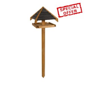 Green Feathers Handcrafted Wooden Pine & Charcoal Bird Table with Sheltered Roof & Mounting Stake for Outdoor Garden - Feeding Station for Small to Medium Birds (Charcoal Roof Bird Table)