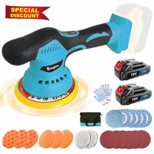 Psogpone Cordless Car Buffer Polisher with 2PCS 3.0Ah Batteries 6 Inch Portable Polishing Waxer Kit 6 Variable Speed 6800RPM Orbital Polisher Power Polisher for Car Detailing Polishing Waxing