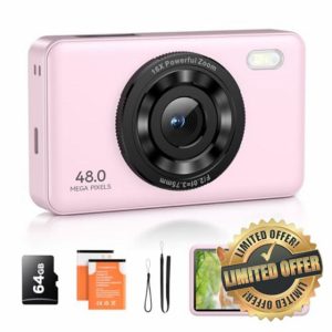 Digital Camera with 64GB Card，FHD 1080P 48MP Kids Camera with 16X Zoom Anti Shake 2 Batteries