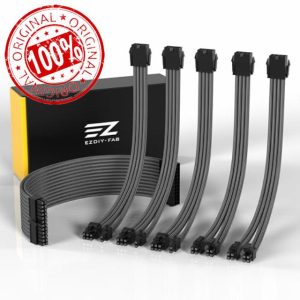 EZDIY-FAB PSU Cable Extension Sleeved Custom Mod GPU PC Power Supply Soft Nylon Braided with Comb Kit 24PIN/3x 8PIN to 6+2Pin/ 2X 8PIN to 4+4PIN-300MM/11.8in -Carbo