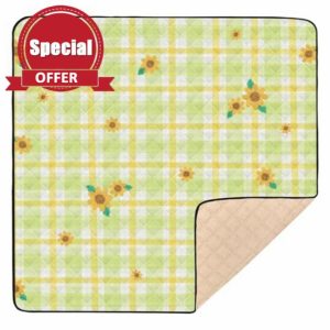 Yellow-Green Checkered Sunflower Soft Padded Baby Playmat for Indoor Outdoor 1-Piecing Activity Entertainment Mat for Babies Infants Toddlers
