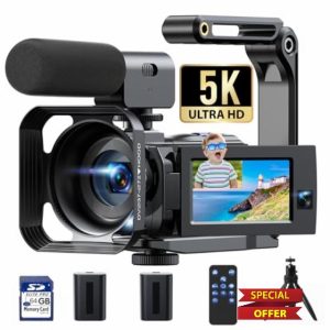 HOTPEAK 5K Camcorder Video Camera with Dual Lens WiFi IR Night Vision Vlogging Camera for YouTube 3” 270° Rotatable Touchscreen with 64G SD Card