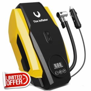 Powools Tyre Inflator Portable Air Compressor - Air Pump for Car Tyres - 12V DC Compact Tyre Pump with Auto Shutoff Function - Multipurpose Car Accessory with LED Light