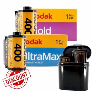 35mm film camera Bundle: 2 rolls of Kodak 35mm colour film - Gold 200 24 exposures and Ultra Max 24 Exposures with a 2 film roll 35mm film club case