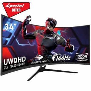 Gawfolk 34 Inch Ultrawide Curved 144Hz Gaming Computer Monitor 1500R PC screen 21:9 UWQHD (3440x1440)