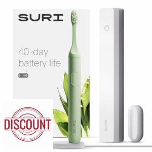SURI Sustainable Sonic Toothbrush - Electric Toothbrush Adults - Slim and Powerful Travel Toothbrush with UV Cleaning Case - Recyclable Plant-Based Head