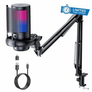 QIUOIO RGB Gaming Microphone with Boom Arm: USB Mic for PC - Streaming Microphone - Podcast Microphone Accessories - Mic for Computer - Suit for Youtube Titok