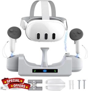 Charging Dock for Meta Quest 3 Headset and Controller - Wall-mounted Charging Station with Rechargeable Batteries &LED Indicator
