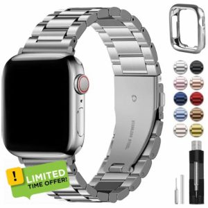 Fullmosa Compatible with Apple Watch Straps Series 9 8 7 45mm Ultra 49mm Series 6 SE/SE2 5 4 44mm Series 3 42mm Metal Stainless Steel Replacement iWatch Bands Silver & Protective Case