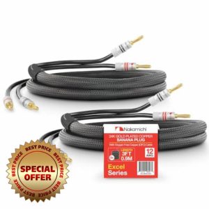 Nakamichi Excel Series 24k Gold Plated Banana Plug with (3 Feet) Speaker Cable Wire 99.9% Oxygen-Free Copper (OFC) Heavy Duty Braided In-Wall CL2 Rated - Black (12AWG / 3ft / 0.9m) 2-Pack