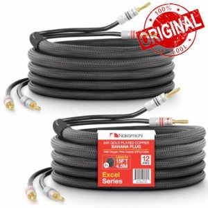 Nakamichi Excel Series 24k Gold Plated Banana Plug with (15 Feet) Speaker Cable Wire 99.9% Oxygen-Free Copper (OFC) Heavy Duty Braided In-Wall CL2 Rated - Black (12AWG / 15ft / 4.5m) 2-Pack
