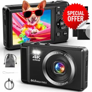 Digital Camera 4K 64MP Digital Camera with 32G SD Card Autofocus Vlogging Camera with Two 1200 mAh Batteries for Photography 16X Digital Zoom Mini Compact Camera for Kids Teenagers Beginners Adults