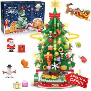 Advent Calendar 2024 Rotating Christmas Tree with LED Light Building Set