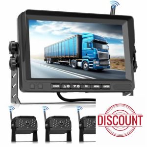 Hodozzy Digital Wireless Reversing Camera Kit Monitor 4 Cameras Split Screen 7 Inch Waterproof Night Vision Front Rear Side View Camera for Trailer Truck Camper 12V-24V-36V Recording Video Playback