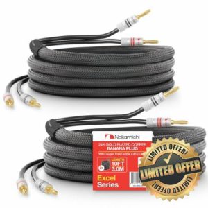 Nakamichi Excel Series 24k Gold Plated Banana Plug with (10 Feet) Speaker Cable Wire 99.9% Oxygen-Free Copper (OFC) Heavy Duty Braided In-Wall CL2 Rated - Black (12AWG / 10ft / 3.0m) 2-Pack
