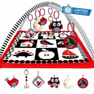 QUOKKA Padded Baby Mat for Floor Tummy Time - High Contrast Baby Kick and Play Mat - 6 Toys | Thick Pad | Machine Washable | Black White Red Colors for Vision Developme