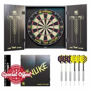 Target Darts Luke Littler Cabinet & Dartboard Set | Player Edition ‘The Nuke’ Dart Board Cupboard Set with 2 Sets of Steel Tip Darts