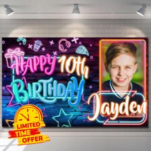 Birthday Backdrop Background Photo Banner Personalised Neon Colour Balloon Blue Pink Girl Boy Children Poster Fabric Party Star Decorations