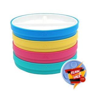 Elk and Friends Kids 6.7” Porcelain White Plates with Silicone Suction Sleeves Sleeves | Divided Plates | Suitable for Babie/Kids/Toddlers | Microwave & Dishwasher Safe | Non Slip | Snack Dishes