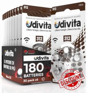 180 Hearing Aid Batteries Udivita Size 312 - Zinc Air Batteries with Mercury-Free Sound Fusion Technology - 30 Blisters of 6 Batteries