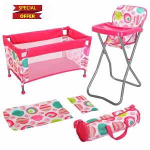BiBi Doll Baby Doll Travel Cot & Highchair With Feeding Tray - Foldable Dolls' Playsets Baby Doll Bed Baby Doll Accessories Se
