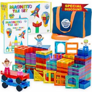 Science Kidz Magnetic Tiles - 100 Piece Set + 4 Play Figures + Storage Bag - Magnetic Building Blocks For Kids - Educational STEM Magnet Toys For 3