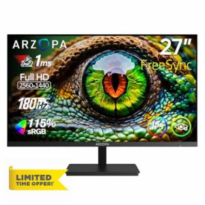 ARZOPA 27" 180HZ Gaming Monitor - 2K QHD 2560x1440 Fast IPS Computer PC Display 115% sRGB Adaptive-Sync 1ms Response