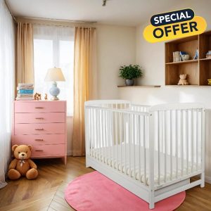 BABYMAM Luxury Baby Cot Oliver with Drawer 120x60cm Bed Mattress Included
