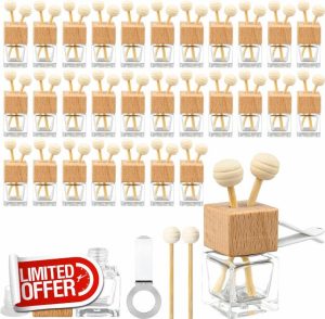30 Pack 8 ml Car Diffuser Air Freshener Bottle Empty Car Essential Oil Diffuser Auto Glass Perfume Diffuser Bottle with Vent Clip Wooden Caps Stick Fragrance Orname
