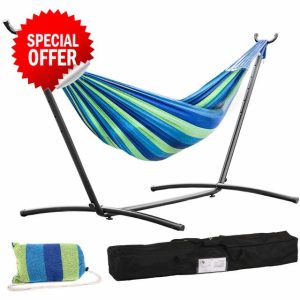 Double Hammock Stands Portable Hammock Stand Heavy Duty Steel Stand for Outdoor Patio or Indoor (Blue)