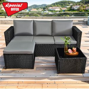 AOUXIN 3 Pieces Rattan garden furniture Patio Furniture Sets All Weather Outdoor Sectional Patio Sofa Manual Weaving Wicker Rattan Corner Sofa with Grey Cushions and Glass Table