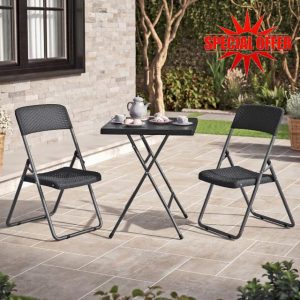 URBN GARDEN 3-Piece Black Rattan Folding Table & Chairs Set Compact Design for Outdoor Garden and Patio Spaces