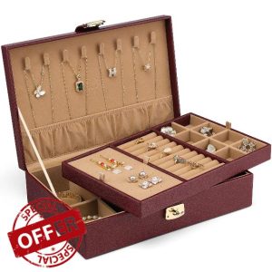 Vlando Jewelry Box 2 Layer Large Jewelry Organizer PU Leather Display Jewellery Holder with Removable Tray for Necklace Earrings Rings Bracelets